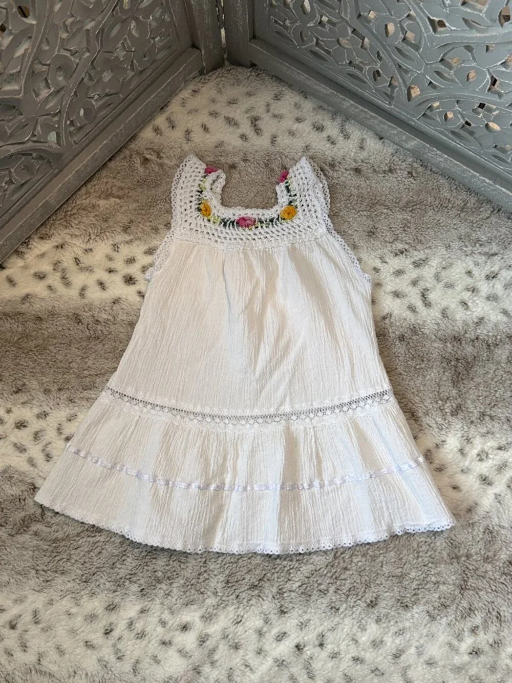 White fiesta dress girls 3T rainbow floral embroidery festival boho summer